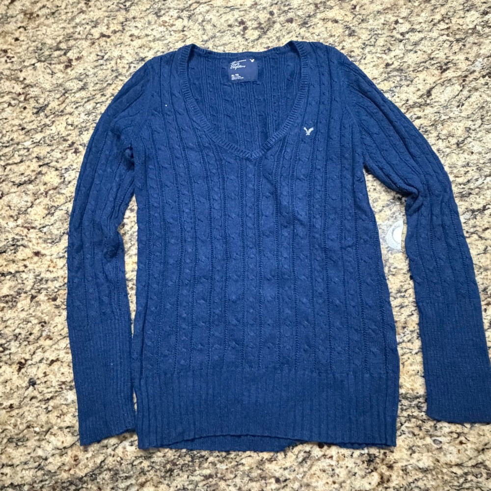 American Eagle Outfitters Womens XL Navy Blue Cable Knit V-Neck Sweater v